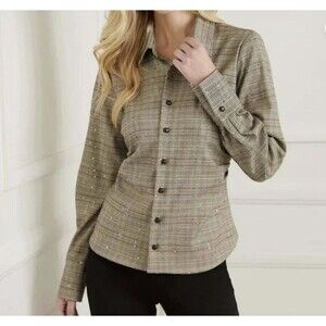 Karen Kane Button Up Shirt Large Brown Plaid Sequin Side Ruched Quiet Luxury